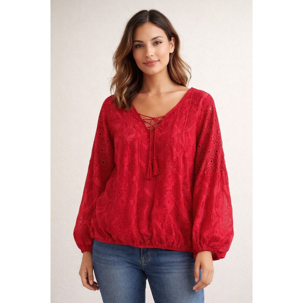 Sanctuary Red Lace Peasant Blouse Tassel Tie Boho Top XL